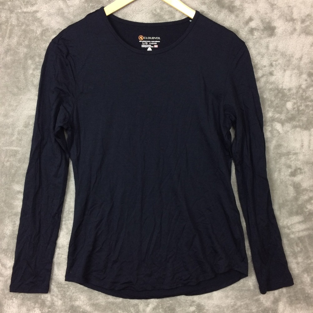 Cloudveil Shirt Womens Large Merino Wool Navy Blue Long Sleeve Base Layer Hiking